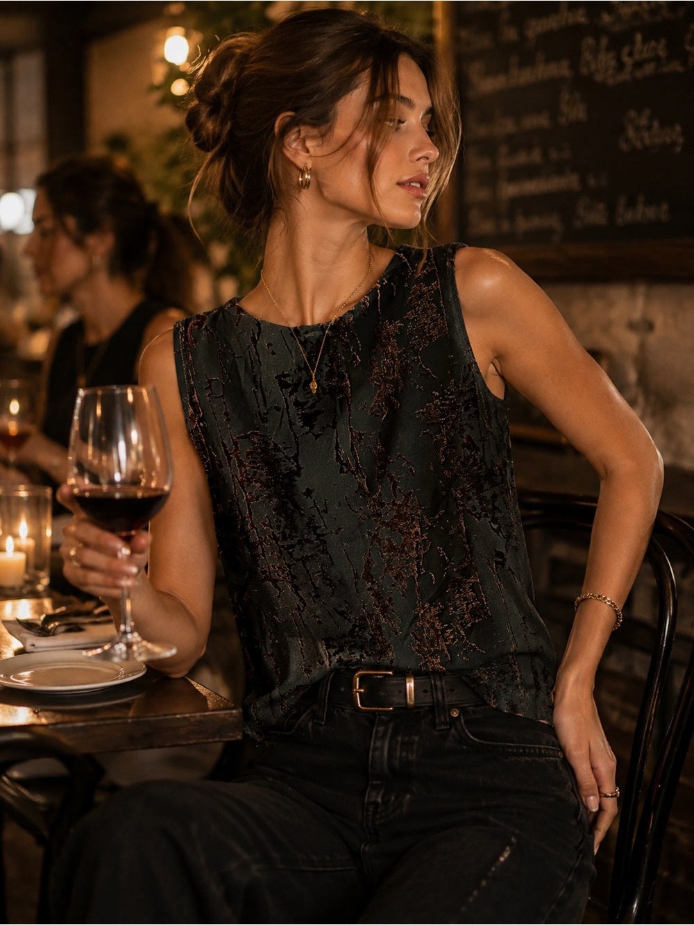 Jessica Sleeveless Black Metallic-Texture Tank